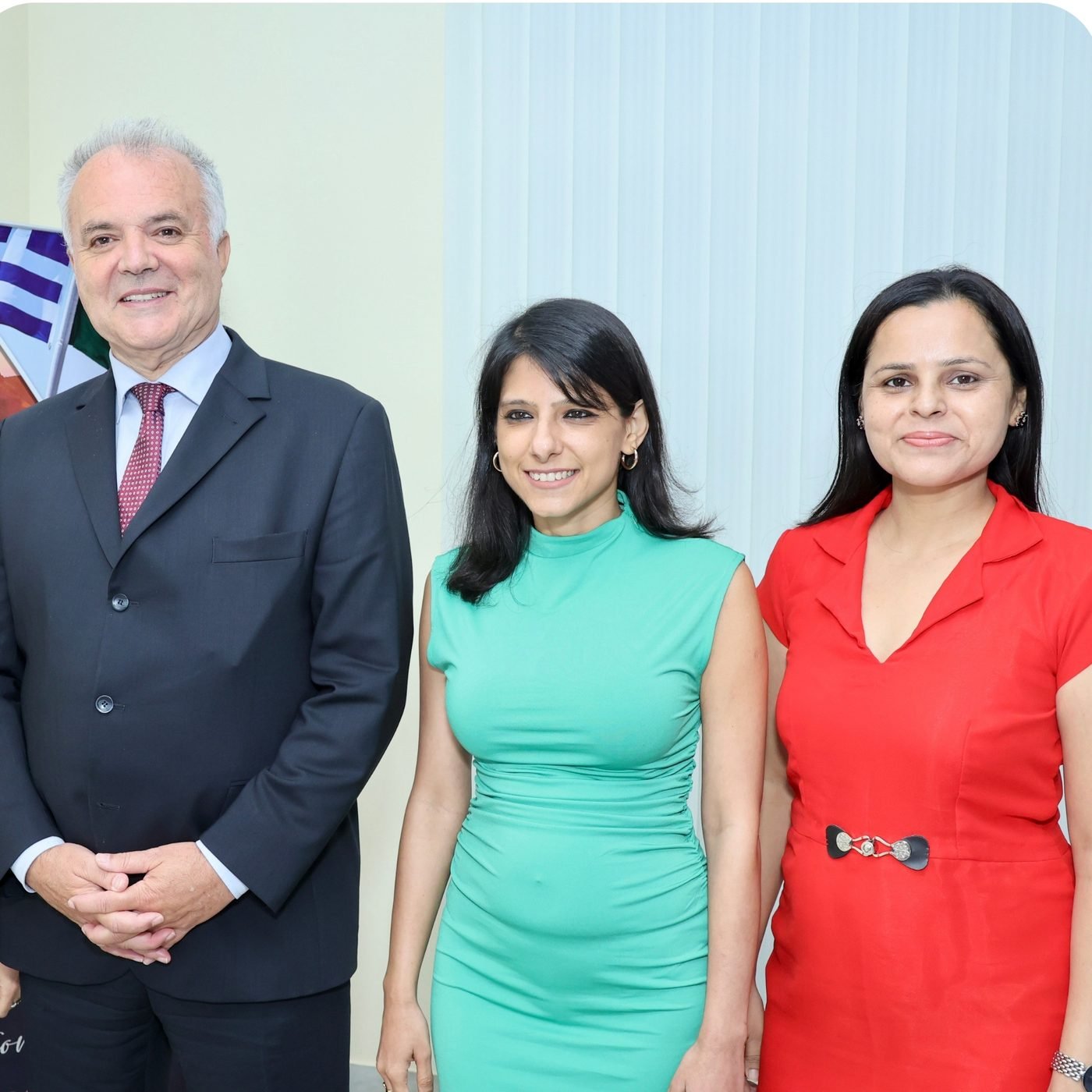 Shilpa Gupta and Ginny Wadhera, UOL Institute, with H.E. Dimitrios Ioannou, Ambassador of Greece to India.